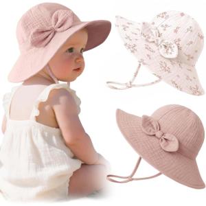 imageKonssy Muslin Baby Sun Hat UPF 50 Sun Protection Wide Brim Summer Beach Hat with Chin Strap Breathable Bucket HatSoft Blooms Taupe