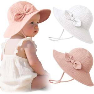 imageKonssy Muslin Baby Sun Hat UPF 50 Sun Protection Wide Brim Summer Beach Hat with Chin Strap Breathable Bucket HatWhite Pink