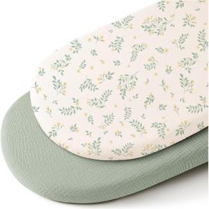 imageKonssy 2 Pack Muslin Bassinet Sheets for Baby Boy 100 Cotton Soft Breathable Bassinet Mattress Sheets Fit for Hourglass Oval Cradle Rectangle Mattress NavyCreamLeafy green