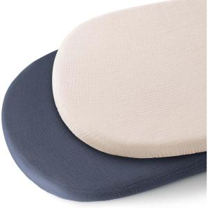 imageKonssy 2 Pack Muslin Bassinet Sheets for Baby Boy 100 Cotton Soft Breathable Bassinet Mattress Sheets Fit for Hourglass Oval Cradle Rectangle Mattress NavyCreamNavy cream