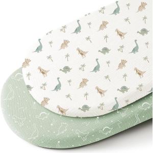 imageKonssy 2 Pack Muslin Bassinet Sheets for Baby Boy 100 Cotton Soft Breathable Bassinet Mattress Sheets Fit for Hourglass Oval Cradle Rectangle Mattress NavyCreamDino Jungle sage Dino