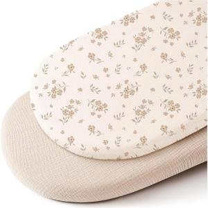imageKonssy 2 Pack Muslin Bassinet Sheets for Baby Boy 100 Cotton Soft Breathable Bassinet Mattress Sheets Fit for Hourglass Oval Cradle Rectangle Mattress NavyCreamBlossom cream
