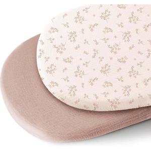 imageKonssy 2 Pack Muslin Bassinet Sheets for Baby Boy 100 Cotton Soft Breathable Bassinet Mattress Sheets Fit for Hourglass Oval Cradle Rectangle Mattress NavyCreamSoft Blooms taupe
