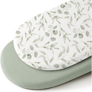 imageKonssy 2 Pack Muslin Bassinet Sheets for Baby Boy 100 Cotton Soft Breathable Bassinet Mattress Sheets Fit for Hourglass Oval Cradle Rectangle Mattress NavyCreamGreen  Green Leaves