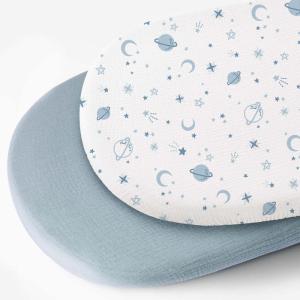 imageKonssy 2 Pack Muslin Bassinet Sheets for Baby Boy 100 Cotton Soft Breathable Bassinet Mattress Sheets Fit for Hourglass Oval Cradle Rectangle Mattress NavyCreamStar blue