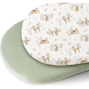 imageKonssy 2 Pack Muslin Bassinet Sheets for Baby Boy 100 Cotton Soft Breathable Bassinet Mattress Sheets Fit for Hourglass Oval Cradle Rectangle Mattress NavyCreamWoodland sage