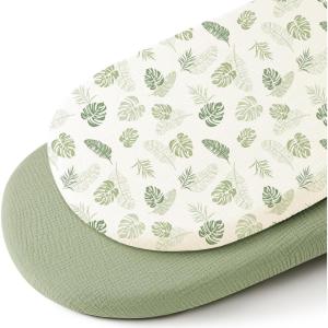imageKonssy 2 Pack Muslin Bassinet Sheets for Baby Boy 100 Cotton Soft Breathable Bassinet Mattress Sheets Fit for Hourglass Oval Cradle Rectangle Mattress NavyCreamPalm Paradise sage