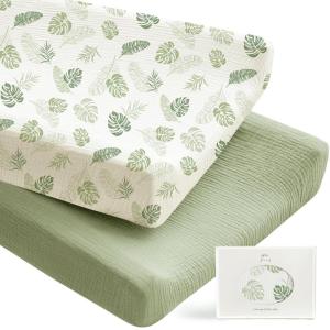 imageKonssy 2 Pack Muslin Changing Pad Covers for Boys Ultra Soft ampamp Breathable Cotton Baby Diaper Changing Table Covers Neutral Nursery Diaper Changing Pad Sheets StarBluePalm Paradise  Sage