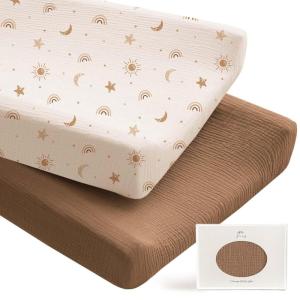 imageKonssy 2 Pack Muslin Changing Pad Covers for Boys Ultra Soft ampamp Breathable Cotton Baby Diaper Changing Table Covers Neutral Nursery Diaper Changing Pad Sheets StarBlueSunbeam Yellow Coffice