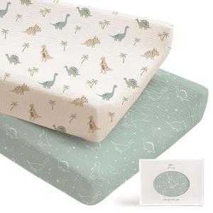 imageKonssy 2 Pack Muslin Changing Pad Covers for Boys Ultra Soft ampamp Breathable Cotton Baby Diaper Changing Table Covers Neutral Nursery Diaper Changing Pad Sheets StarBlueDino Jungle  Sage Dino