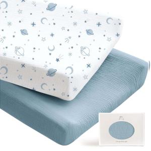 imageKonssy 2 Pack Muslin Changing Pad Covers for Boys Ultra Soft ampamp Breathable Cotton Baby Diaper Changing Table Covers Neutral Nursery Diaper Changing Pad Sheets StarBlueStar Blue