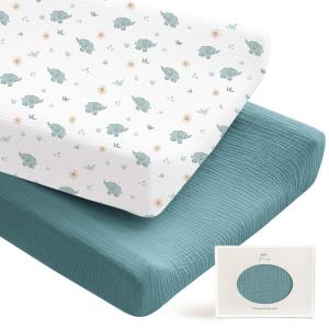 imageKonssy 2 Pack Muslin Changing Pad Covers for Boys Ultra Soft ampamp Breathable Cotton Baby Diaper Changing Table Covers Neutral Nursery Diaper Changing Pad Sheets StarBlueElephant  Teal