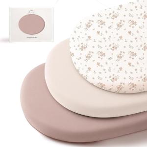 imageKonssy 3 Pack Stretchy Bassinet Sheets for Baby Girl Boy Soft Breathable Baby Bassinet Mattress Sheets Fit for Hourglass Oval Cradle Moses Basket Rectangle Mattress Coffee CheckBlossom