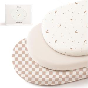 imageKonssy 3 Pack Stretchy Bassinet Sheets for Baby Girl Boy Soft Breathable Baby Bassinet Mattress Sheets Fit for Hourglass Oval Cradle Moses Basket Rectangle Mattress Coffee CheckCoffee Check