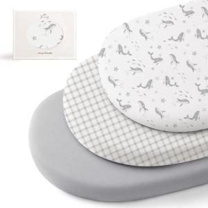 imageKonssy 3 Pack Stretchy Bassinet Sheets for Baby Girl Boy Soft Breathable Baby Bassinet Mattress Sheets Fit for Hourglass Oval Cradle Moses Basket Rectangle Mattress Coffee CheckStarry Whales