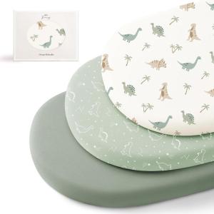 imageKonssy 3 Pack Stretchy Bassinet Sheets for Baby Girl Boy Soft Breathable Baby Bassinet Mattress Sheets Fit for Hourglass Oval Cradle Moses Basket Rectangle Mattress Coffee CheckDino Dreams