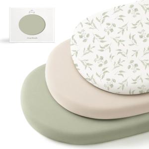 imageKonssy 3 Pack Stretchy Bassinet Sheets for Baby Girl Boy Soft Breathable Baby Bassinet Mattress Sheets Fit for Hourglass Oval Cradle Moses Basket Rectangle Mattress Coffee CheckGreen Leaves