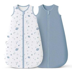 imageKonssy Muslin Baby Sleep Sack 612 Months 07 TOG 2 Pack 100 Cotton Wearable Blanket for Babies 2Way Zipper Breathable Sleeping Sack Infant Toddler Essentials for Girls and Boys Blossom PinkStar  Blue