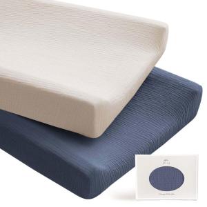 imageKonssy 2 Pack Muslin Changing Pad Covers for Boys Ultra Soft ampamp Breathable Cotton Baby Diaper Changing Table Covers Neutral Nursery Diaper Changing Pad SheetsNavy CreamNavy  Cream