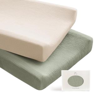 imageKonssy 2 Pack Muslin Changing Pad Covers for Boys Ultra Soft ampamp Breathable Cotton Baby Diaper Changing Table Covers Neutral Nursery Diaper Changing Pad SheetsNavy CreamFog Green Cream