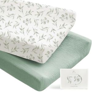 imageKonssy 2 Pack Muslin Changing Pad Covers for Boys Ultra Soft ampamp Breathable Cotton Baby Diaper Changing Table Covers Neutral Nursery Diaper Changing Pad SheetsNavy CreamGreen  Green Leaves