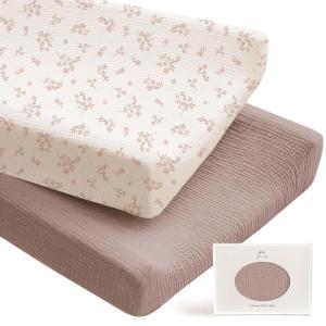 imageKonssy 2 Pack Muslin Changing Pad Covers for Boys Ultra Soft ampamp Breathable Cotton Baby Diaper Changing Table Covers Neutral Nursery Diaper Changing Pad SheetsNavy CreamSoft Blooms  Taupe
