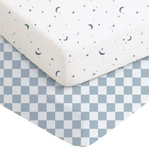 imageKonssy Muslin Crib Sheets for Boys Soft Cotton Neutral Baby Sheets for Standard Crib Mattress 2 Pack 52quotx28quot Dreamfield SkyBaby Blue PlaidDreamfield Sky baby Blue Plaid