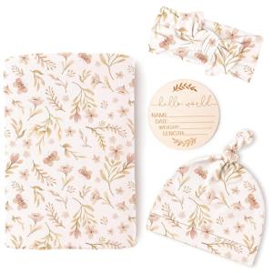 image:imageKonssy Baby Girl Newborn Receiving Blanket with Matching Headband and Beanie Set Baby Swaddle Nursery Swaddle WrapPink Spring