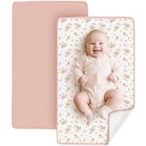 image:imageKonssy 2 Pack Waterproof Muslin Cotton Portable Changing Pad 30x 17 Soft amp Foldable Baby Changing Mat Travel Pad with Terry Backing Shower Gift for Newborn Girls Boys PinkBlossomPink Blossom