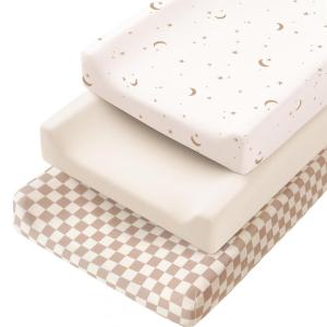 image:imageKonssy 3 Pack Stretchy Changing Pad Covers for Girl Boy Silky Soft Changing Table Cover Breathable Baby Nursery Diaper Chang Pad Sheets Pink SpringCoffee Check