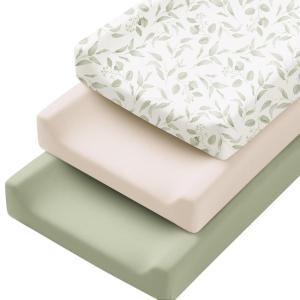 image:imageKonssy 3 Pack Stretchy Changing Pad Covers for Girl Boy Silky Soft Changing Table Cover Breathable Baby Nursery Diaper Chang Pad Sheets Pink SpringGreen Leaves