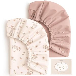 image:imageKonssy Waterproof Changing Pad Covers 2 Pack Soft Fabric Wipeable Diaper Table Sheets for Baby Girls Boys Boho Nursery Gift Set Fits Standard 16x32 Rosy CheckBlossom